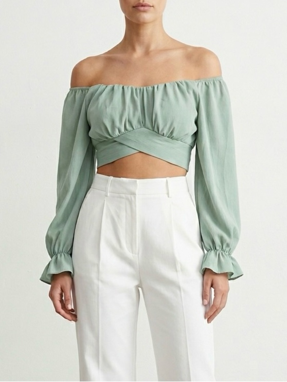 Women's Off Shoulder Crop Top Ruffle Flounce Long Sleeve Shirt Casual Ruched S